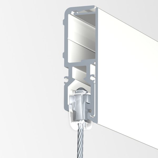 Vertical cross-section of a wall-mounted metal channel with a braided cable entering from the bottom.