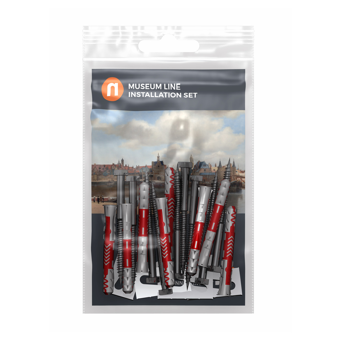 Clear resealable bag labeled 'Museum Line Installation Set' containing assorted red and gray installation components in front of a city skyline backdrop.