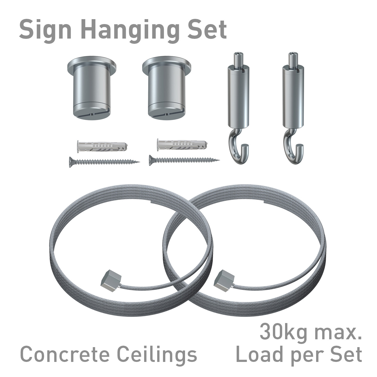 Sign hanging hardware: two steel cables, anchors, screws, hooks for concrete ceilings; 30 kg max per set.