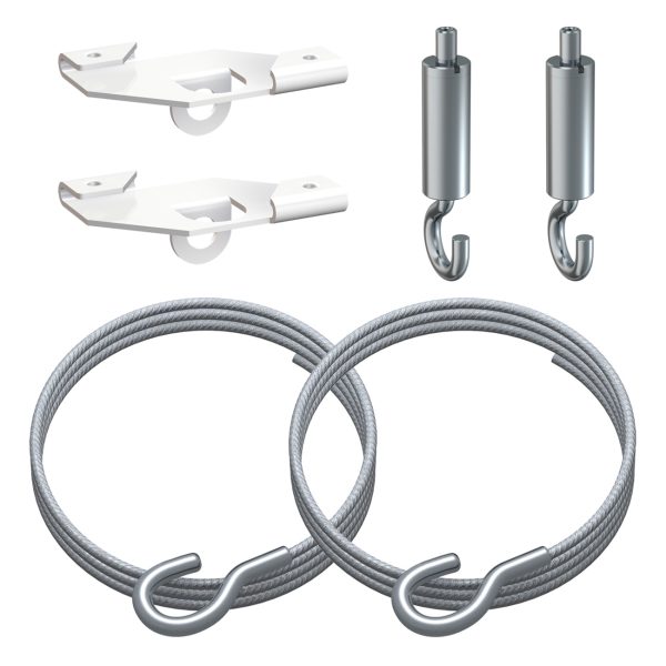 Cable railing kit components: two white mounting brackets, two cylindrical cable tensioners, and two braided steel cables with hooks
