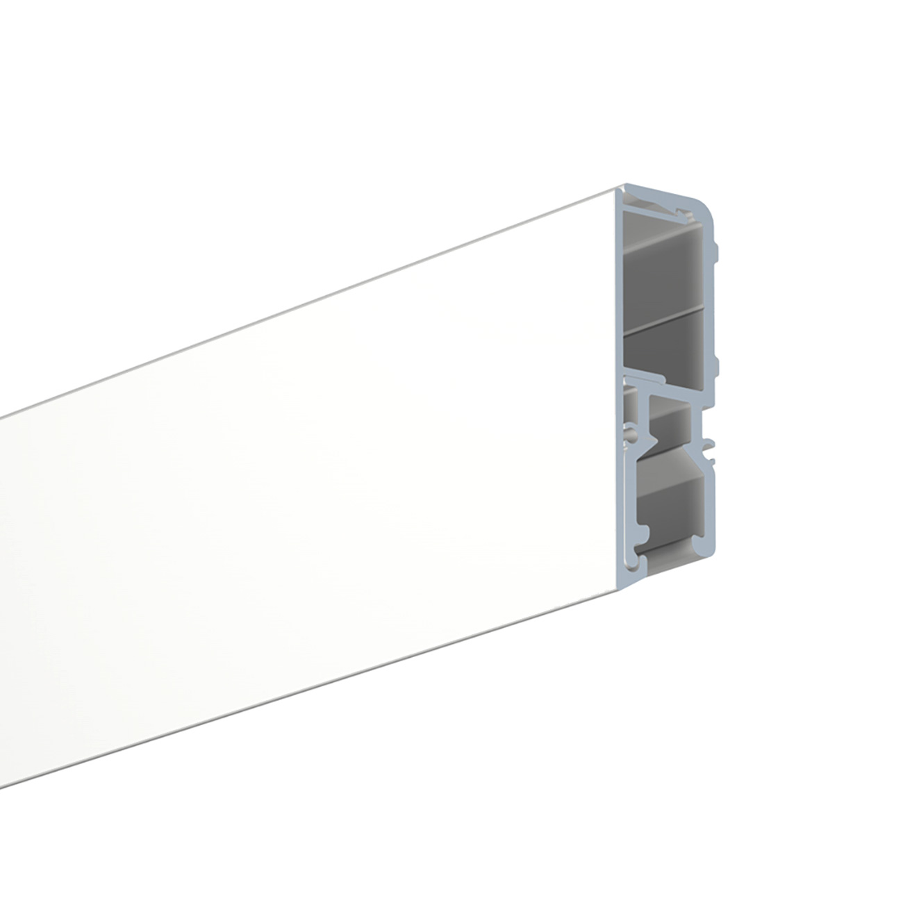 Cross-section of a white wall panel showing an adjacent gray mounting rail with internal chambers.