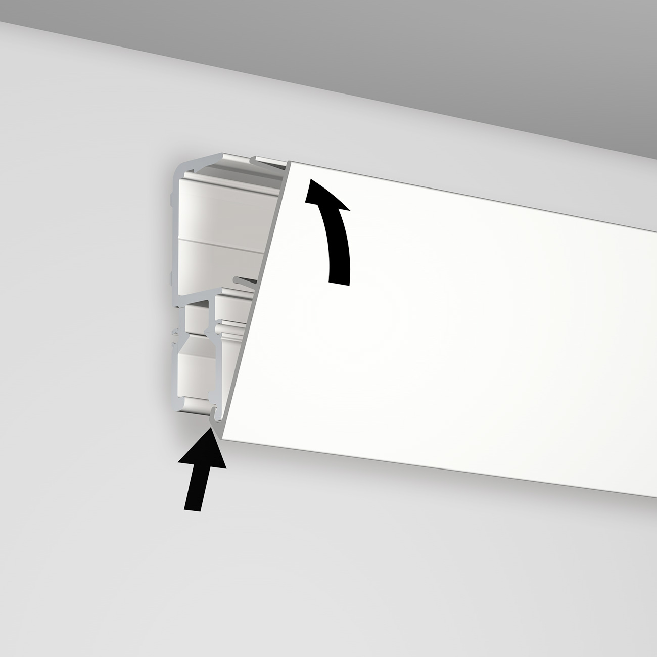 Diagram showing a white panel being lifted and rotated away from its mounting bracket (installation/removal step).