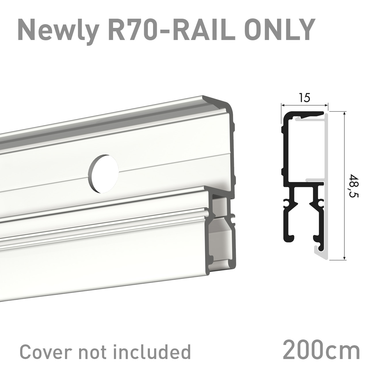 Cross-section diagram of the R70 rail profile with dimensions, showing the rail channel and guide grooves (cover not included).