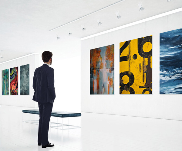 Man in a dark suit stands in a bright white art gallery, viewing colorful abstract paintings on the wall.