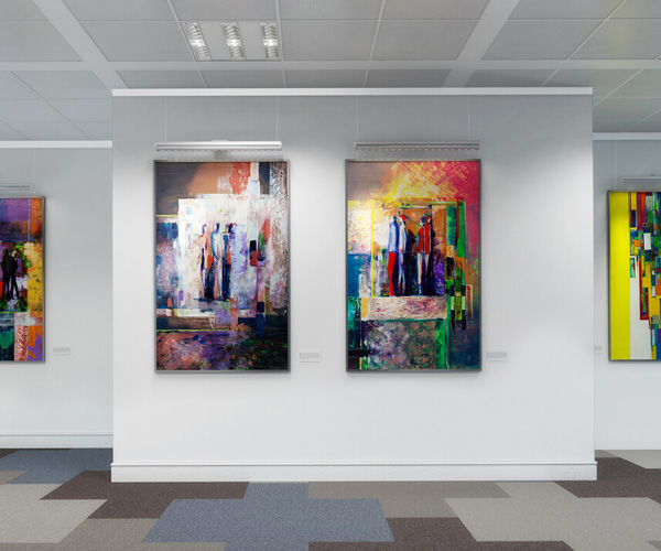 Two large abstract paintings on a white wall in a modern art gallery, with overhead lights and a patterned floor.