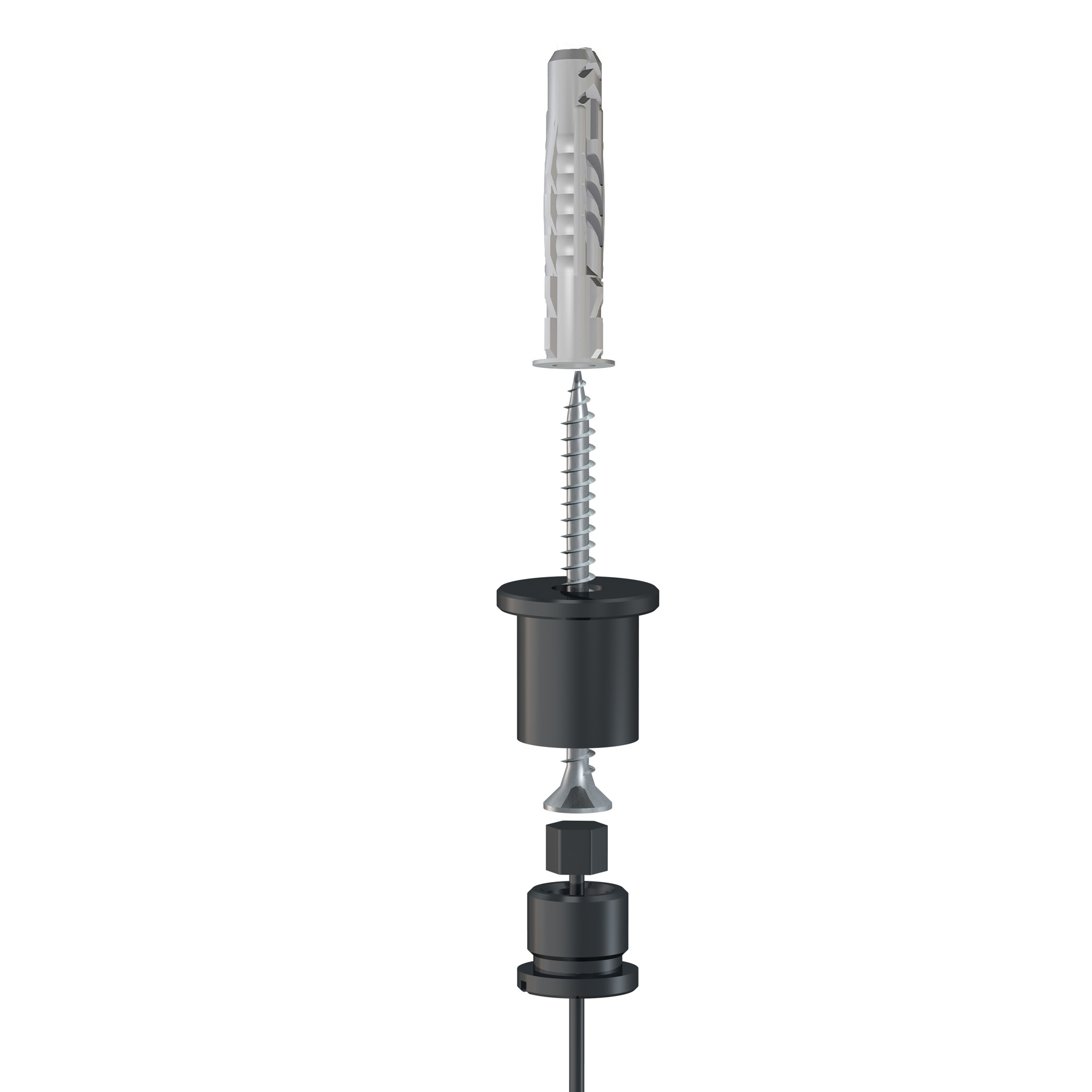 Exploded 3D model of a long auger drill bit with a spiral thread and attached tool components arranged along a central axis.