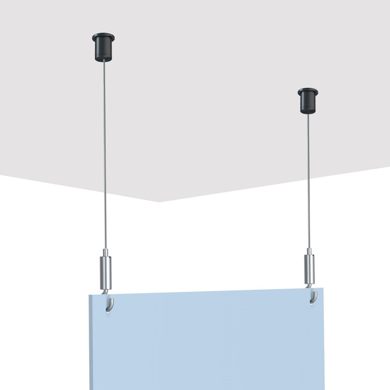 Blue hanging partition panel suspended from two adjustable cables attached to ceiling mounts with metal fittings.