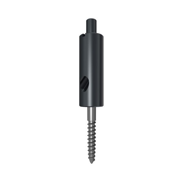 Black cylindrical handheld tool with a side opening and a long, threaded metal shaft protruding downward.