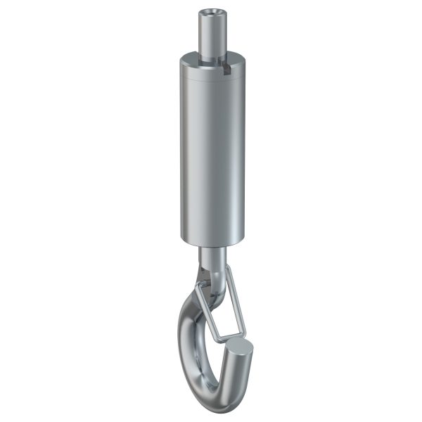Polished metal carabiner with a latch attached to a swivel ring, showing an industrial fastening hardware setup