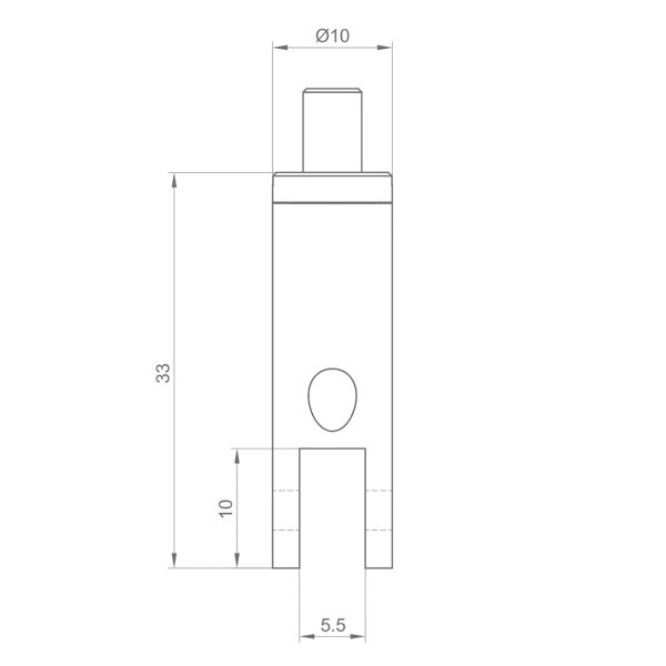 Technical drawing of a vertical component: tall rectangular body (33 units tall) with a top cylindrical pin of Ø10, a circular hole in the midsection, and a bottom U-shaped fork with a 5.5 unit width gap.