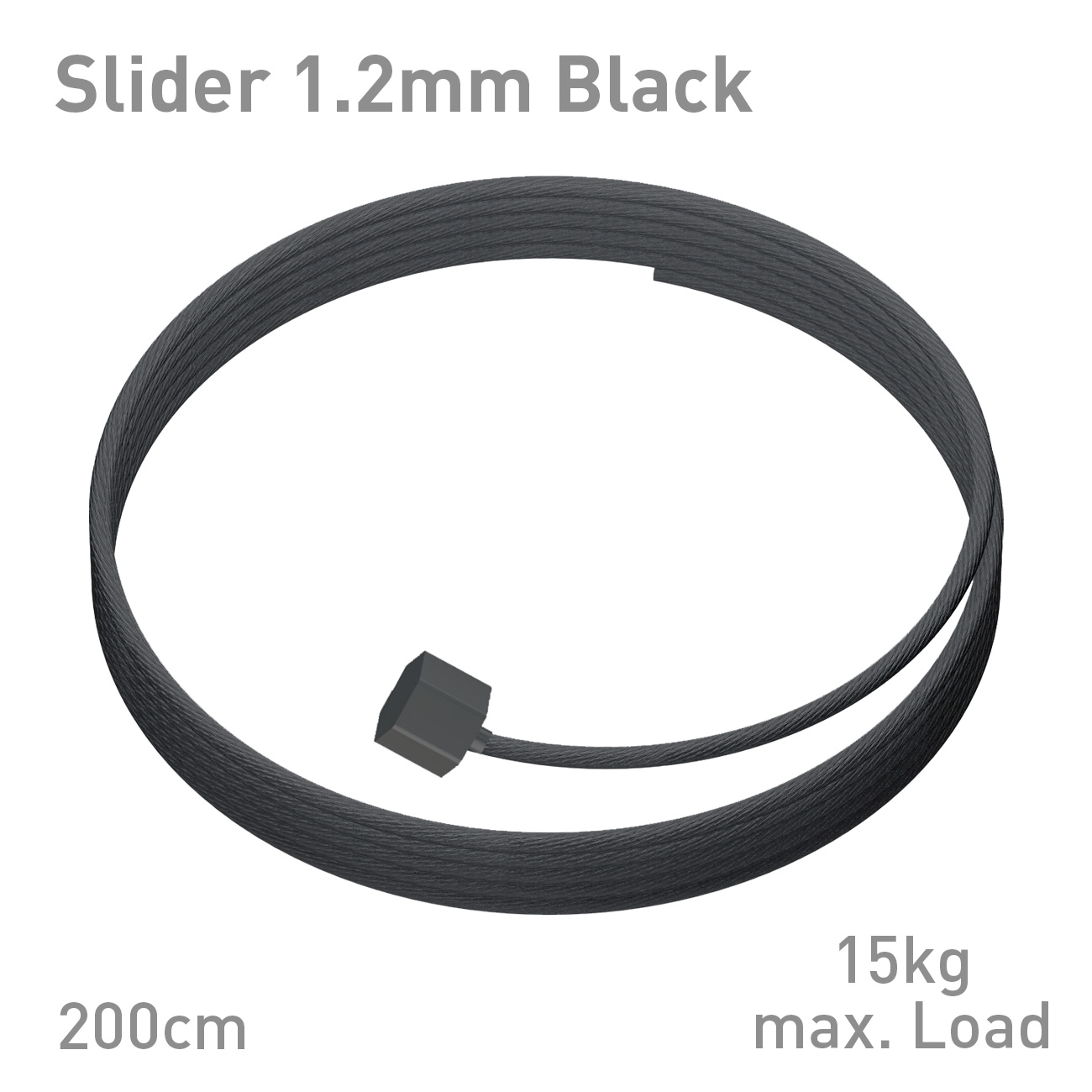 Coiled black 1.2 mm slider cable with a small connector block; 200 cm length, 15 kg max load