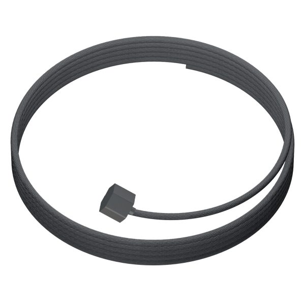 Coiled black braided cable with a small rectangular connector at one end