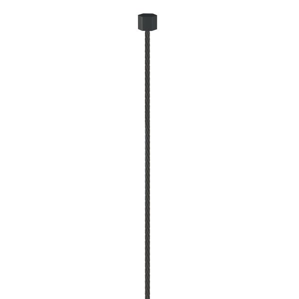 Vertical twisted steel cable with a black hexagonal end cap at the top against a white background.