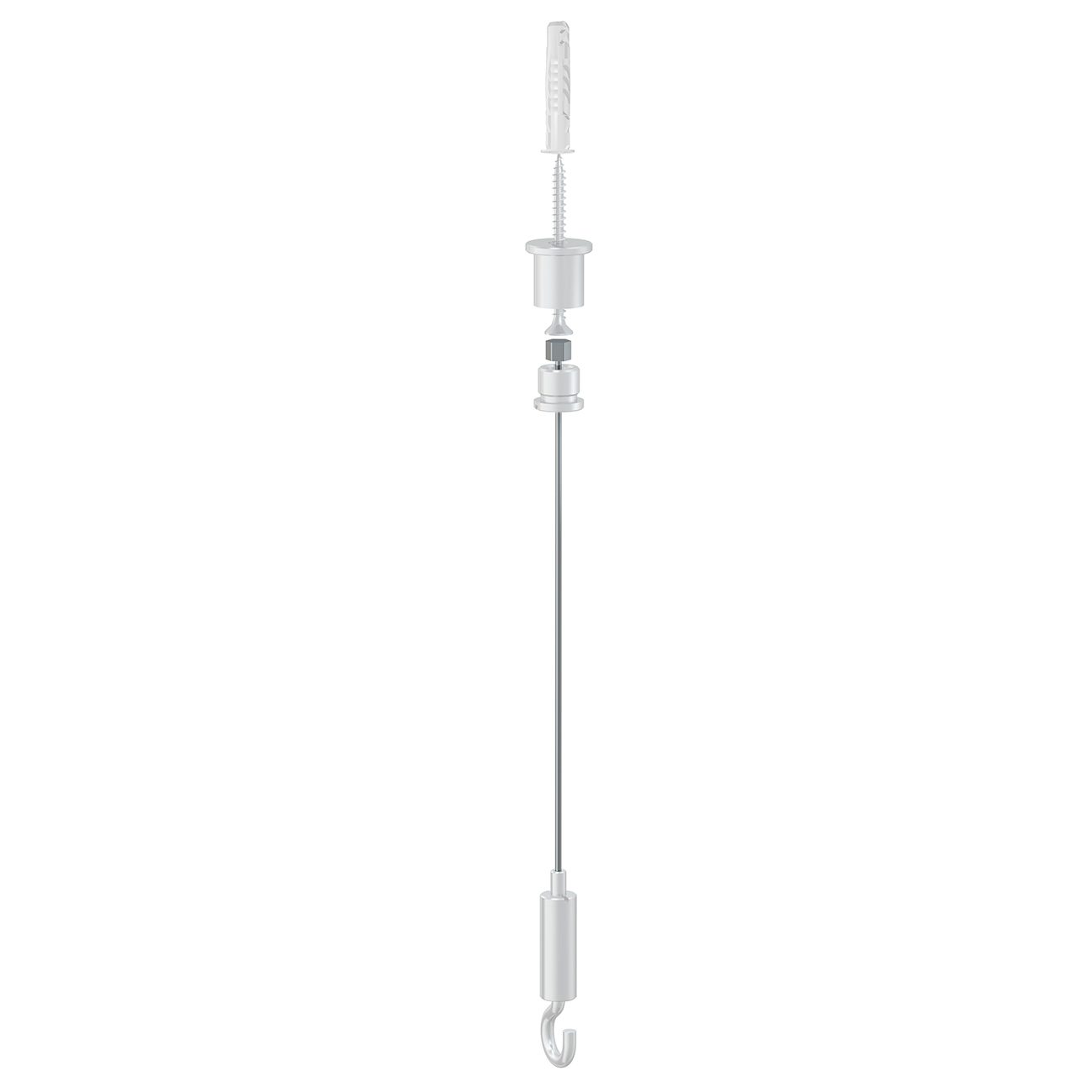 Exploded view of a vertical cable with metal fittings and a bottom hook
