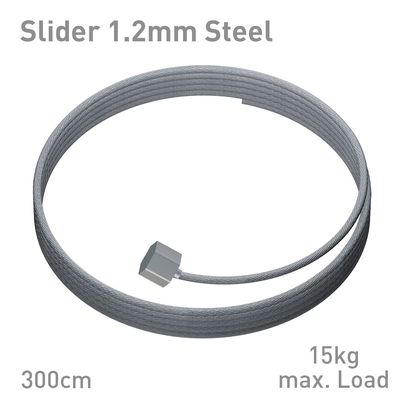 Coiled 1.2 mm steel wire cable with a square end fitting; 300 cm length, 15 kg max load.