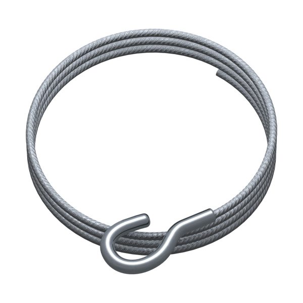 Coiled steel wire rope with a curved metal hook at one end, used to secure or lift items.