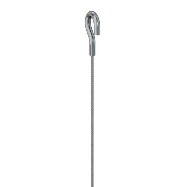 Shiny metal carabiner clipped to a steel rope extending downward
