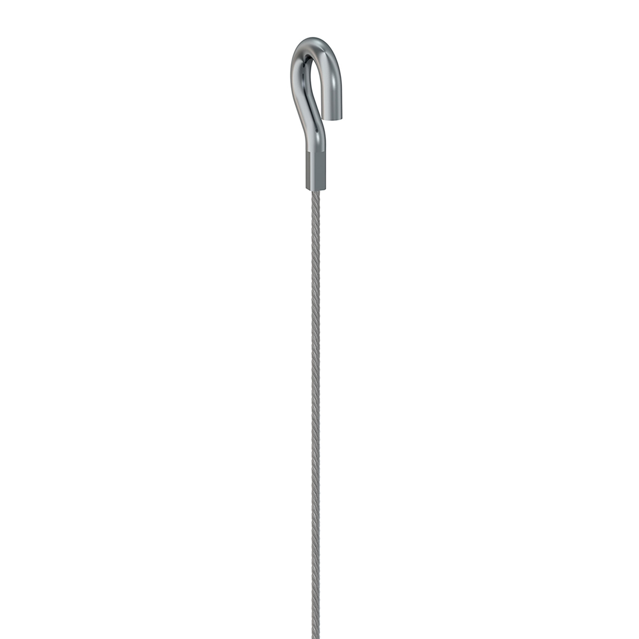 Shiny metal carabiner clipped to a steel rope extending downward
