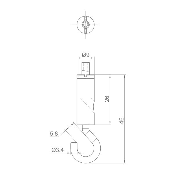 Technical drawing of a small J-shaped hook with a round mounting boss at the top; includes dimension notes (overall length 46 mm, hook diameter Ø3.4 mm, mounting hole Ø9 mm)